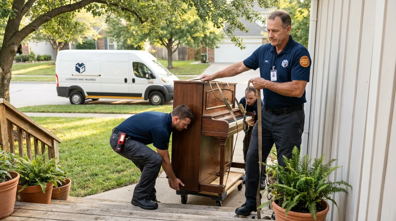 Licensed piano movers securing grand piano in Middlebury, CT