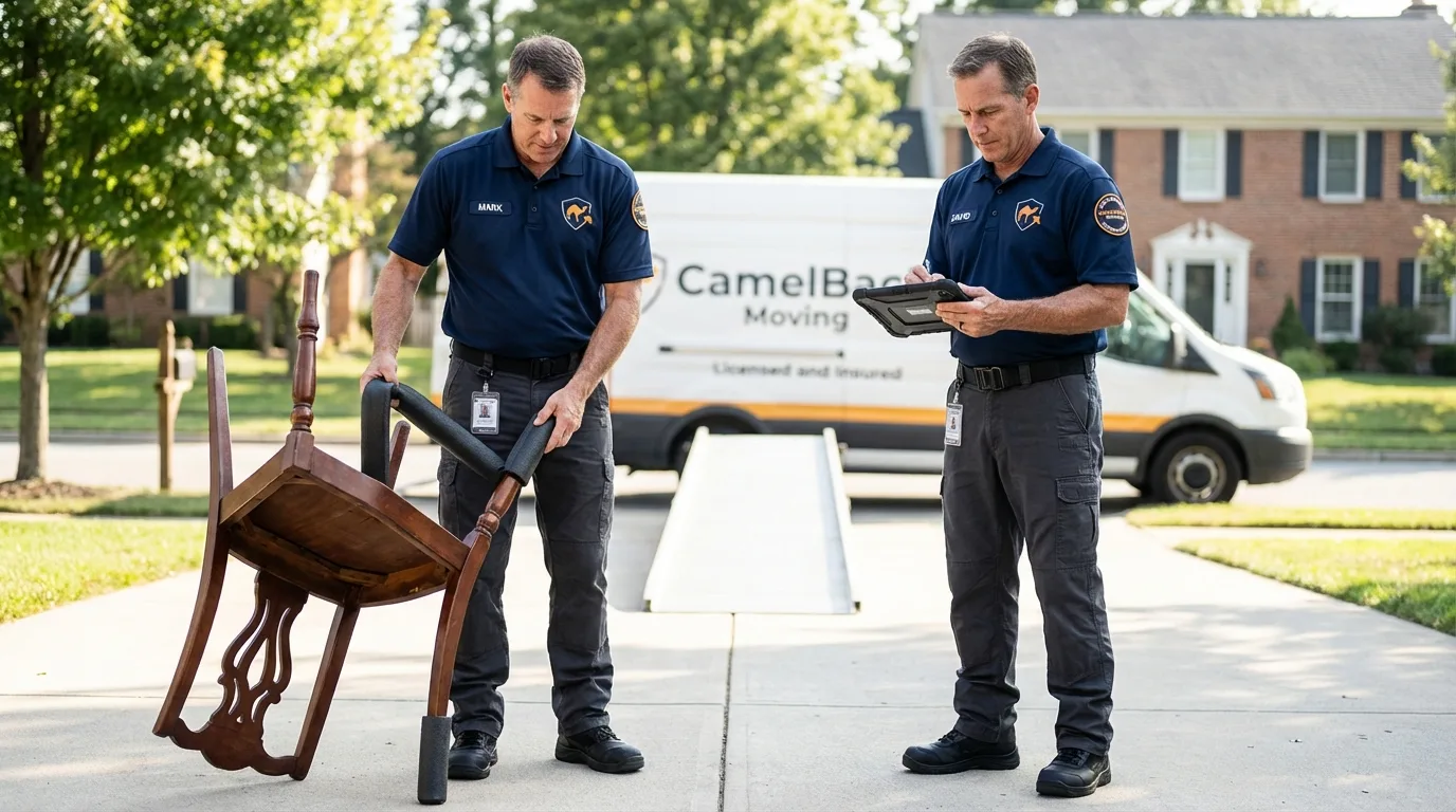 Movers inspecting furniture for damage prevention before loading in Middlebury, CT