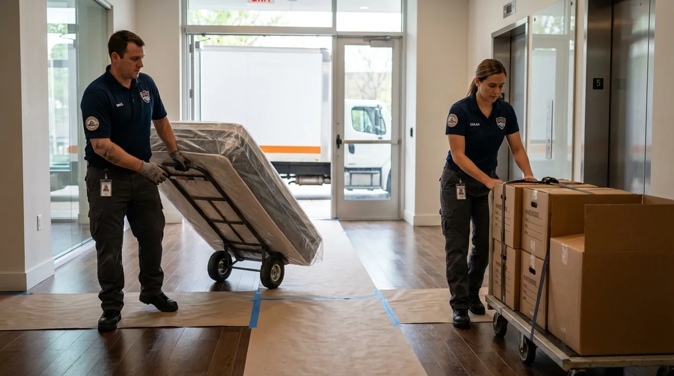 Professional apartment movers loading elevator in Middlebury, CT
