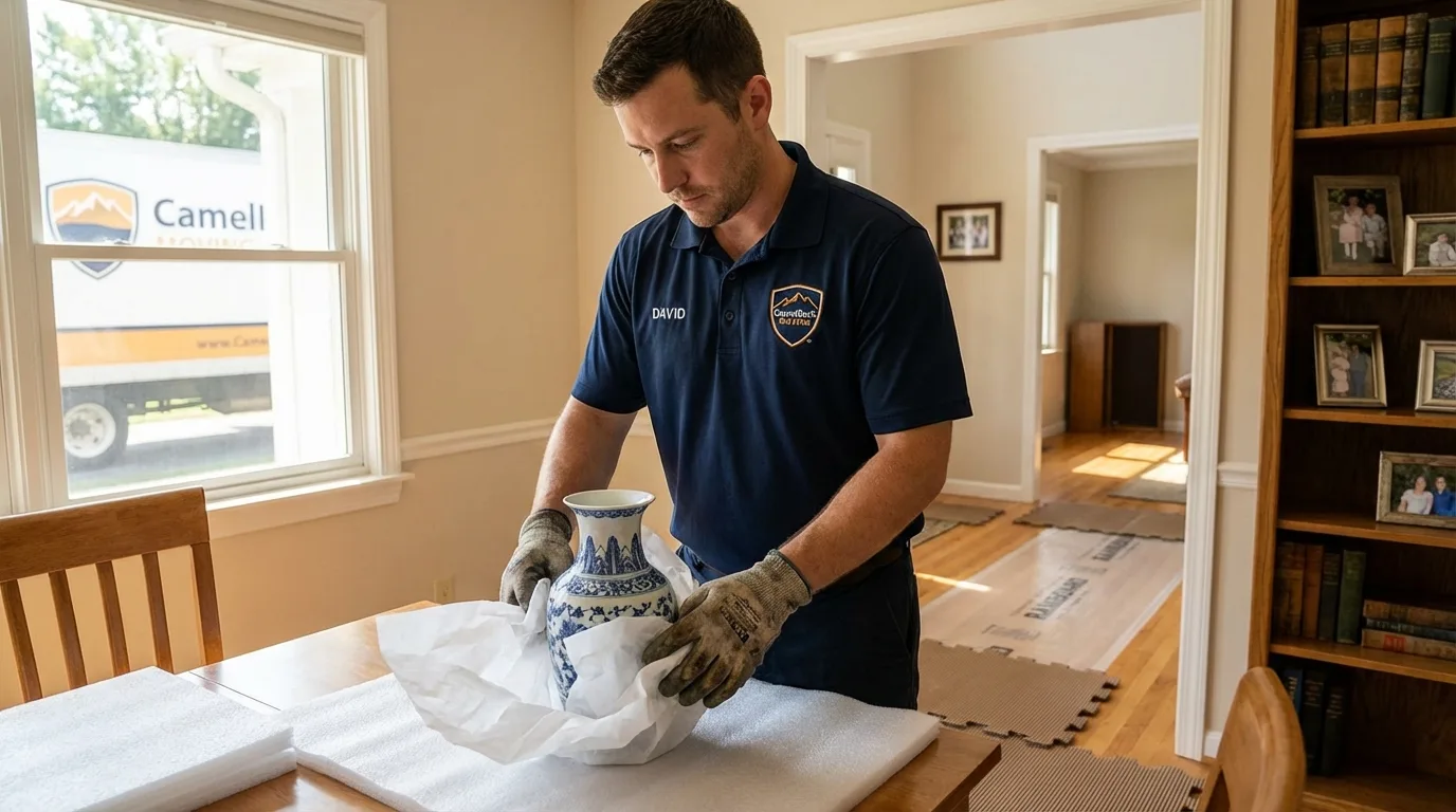 Professional crew carefully wrapping antique vase for senior downsizing move in Middlebury, CT